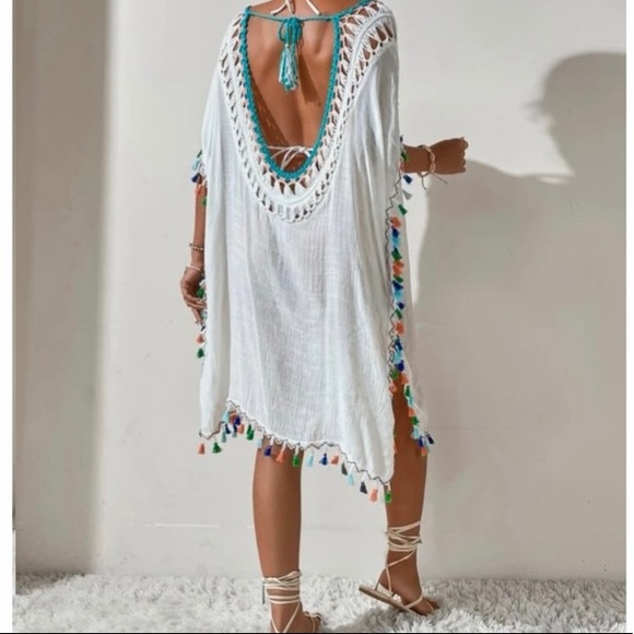 NEW! 🌴Vacation🌴 Boho vibe, tassel trim, crochet, tie back / beach coverup - Picture 7 of 9